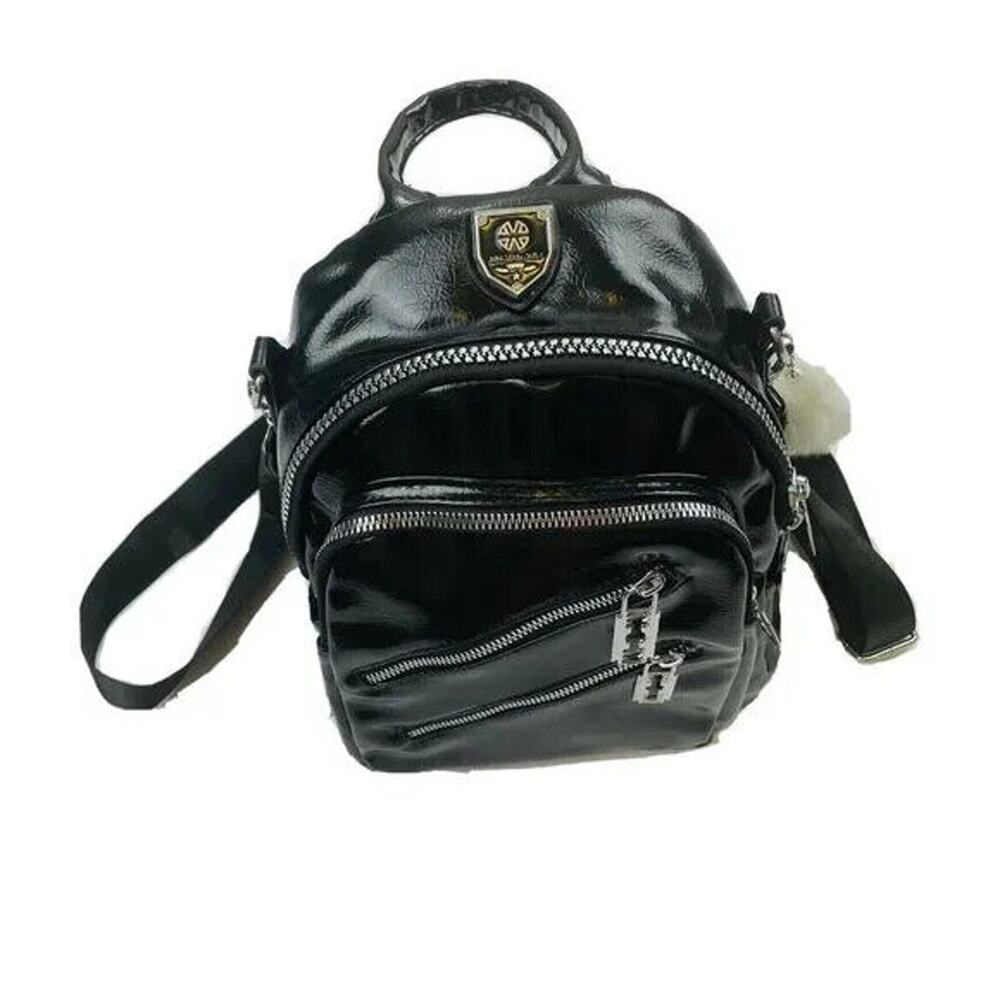 Multifunctional PU Leather Small Backpack - Black & Silver